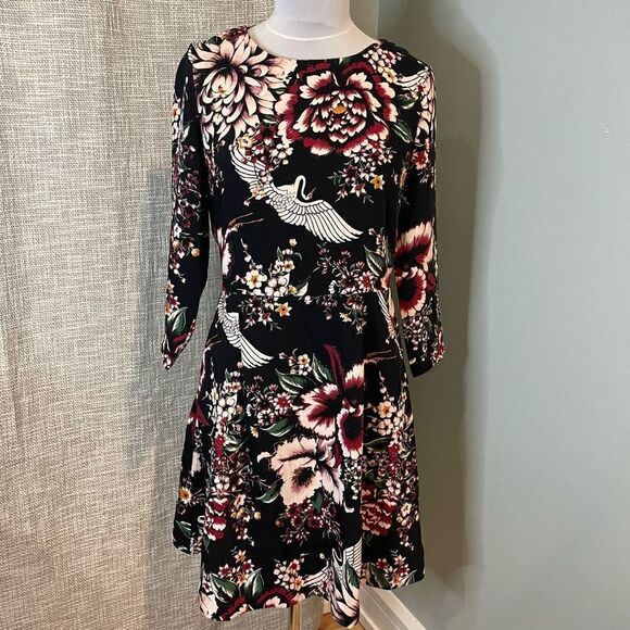 Nicole Miller Floral Crane Dress Black Print Romantic 6 With Pockets Unlined - Picture 2 of 9